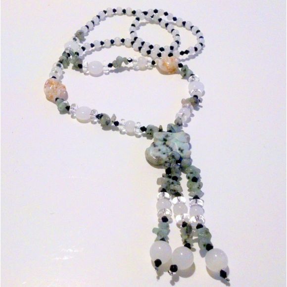 Amazonite Carved Rabbit Genuine Stone and Glass Bead Tassel Necklace - Picture 1 of 6